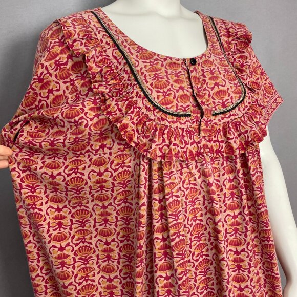Handmade Muumuu Dress Batik Ruffle Neckline Short Sleeve Red Yellow Women Mumu - Picture 7 of 9